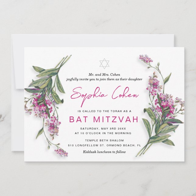 Invitation florale pour Bat Mitzvah botanique (Devant)