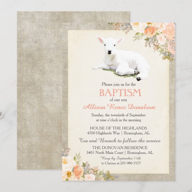 Invitation florale pour le baptême de petit agneau (Devant / Derrière)
