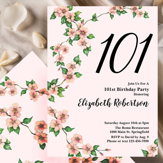 Invitation florale pour les 101 ans en rose tendre (Créateur téléchargé)