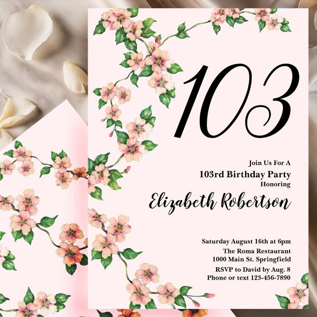 Invitation florale pour les 103 ans en rose tendre (Créateur téléchargé)