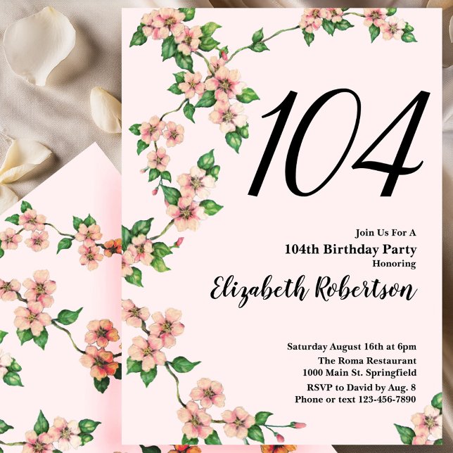 Invitation florale pour les 104 ans en rose tendre (Créateur téléchargé)