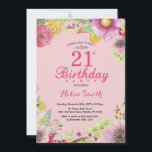 Invitation florale pour les 21 ans des femmes Rose<br><div class="desc">Invitation florale pour les 21 ans des femmes. Fleur aquarelle,  fond rose. Pour une personnalisation plus poussée,  veuillez cliquer sur le bouton "Personnaliser" et utiliser notre outil de conception pour modifier ce modèle.</div>