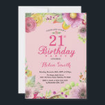Invitation florale pour les 21 ans des femmes Rose<br><div class="desc">Invitation florale pour les 21 ans des femmes. Fleur aquarelle,  fond rose. Pour une personnalisation plus poussée,  veuillez cliquer sur le bouton "Personnaliser" et utiliser notre outil de conception pour modifier ce modèle.</div>