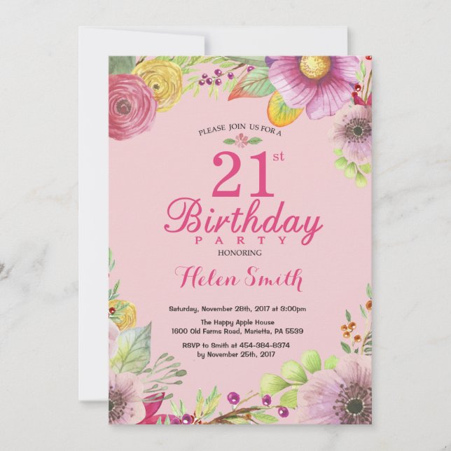 Invitation florale pour les 21 ans des femmes Rose (Devant)