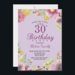 Invitation florale pour les 30 ans pour femmes Vio<br><div class="desc">Invitation florale pour les 30 ans pour femmes. Fleurs aquarelles,  fond violet. Pour une personnalisation plus poussée,  veuillez cliquer sur le bouton "Personnaliser" et utiliser notre outil de conception pour modifier ce modèle.</div>