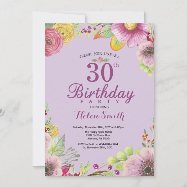 Invitation florale pour les 30 ans pour femmes Vio (Devant)