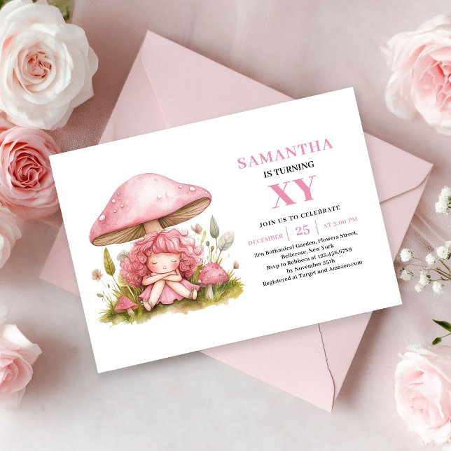Invitation florale pour les 3 ans de Magical Pink  (Magical Pink Fairy Girl 3rd Birthday Floral invitation)