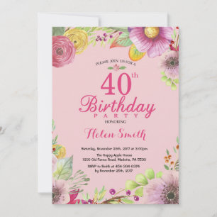 Invitation florale pour les 40 ans des femmes Rose
