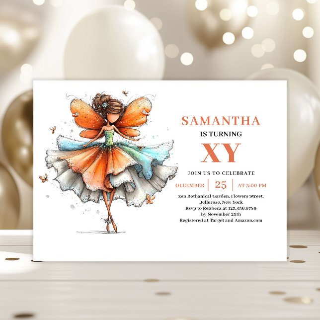 Invitation florale pour les 5 ans de la mignonne f (Cute Fairy Girl 5th Birthday Floral invitation)