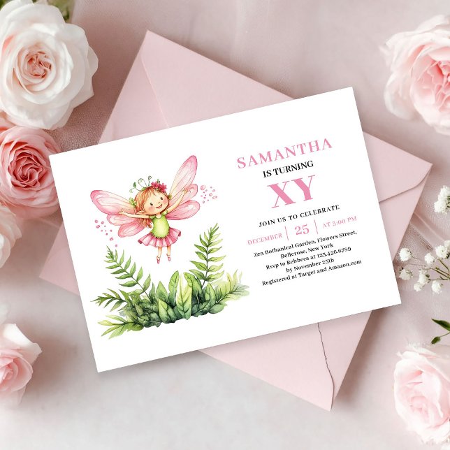 Invitation florale pour les 5 ans de la mignonne f (Cute Pink Fairy Girl 5th Birthday Floral invitation)