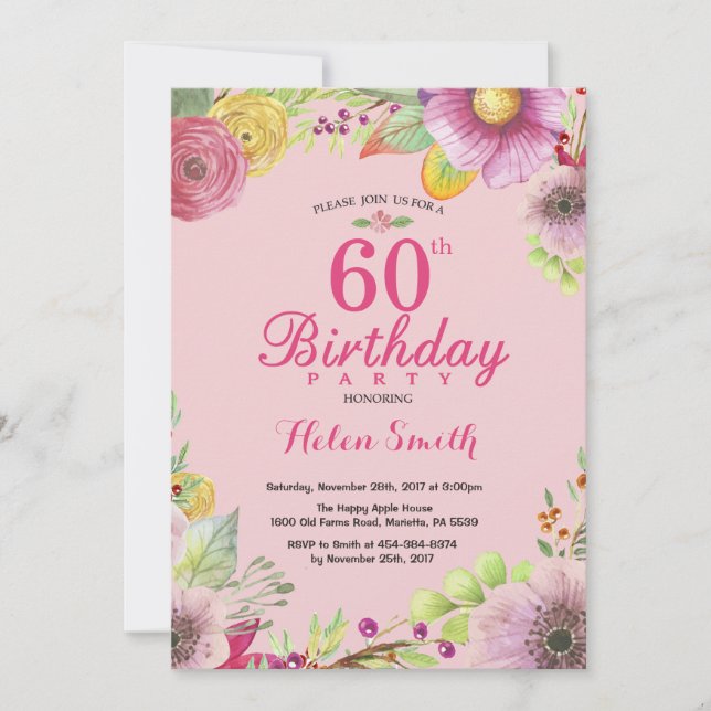 Invitation Florale pour les 60 ans des Femmes Rose (Devant)