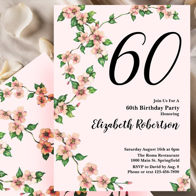 Invitation florale pour les 60 ans en rose tendre (Créateur téléchargé)