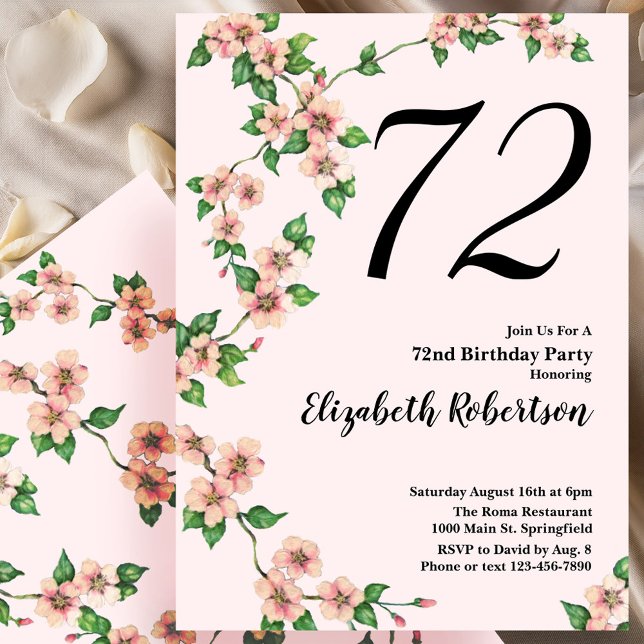 Invitation florale pour les 72 ans en rose tendre (Créateur téléchargé)