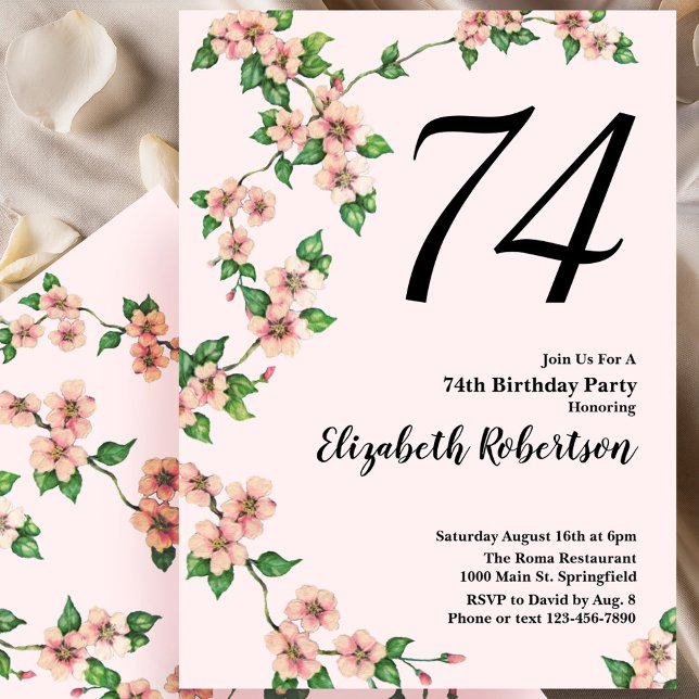 Invitation florale pour les 74 ans en rose tendre (Créateur téléchargé)