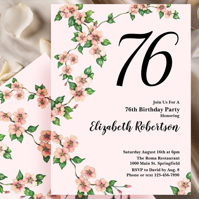 Invitation florale pour les 76 ans en rose tendre (Créateur téléchargé)