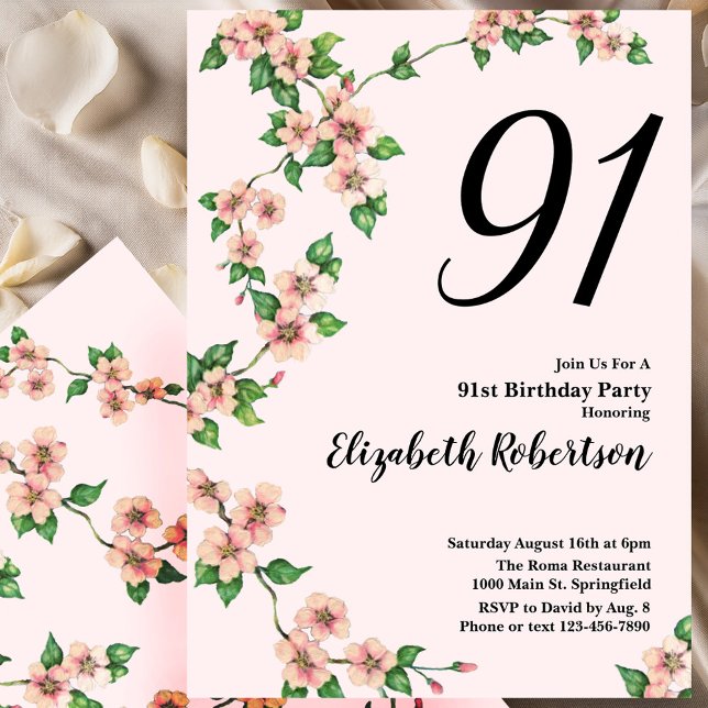 Invitation florale pour les 91 ans en rose tendre (Créateur téléchargé)