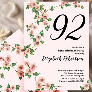 Invitation florale pour les 92 ans en rose tendre