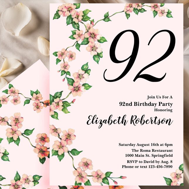 Invitation florale pour les 92 ans en rose tendre (Créateur téléchargé)