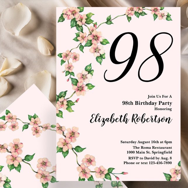 Invitation florale pour les 98 ans en rose tendre (Créateur téléchargé)