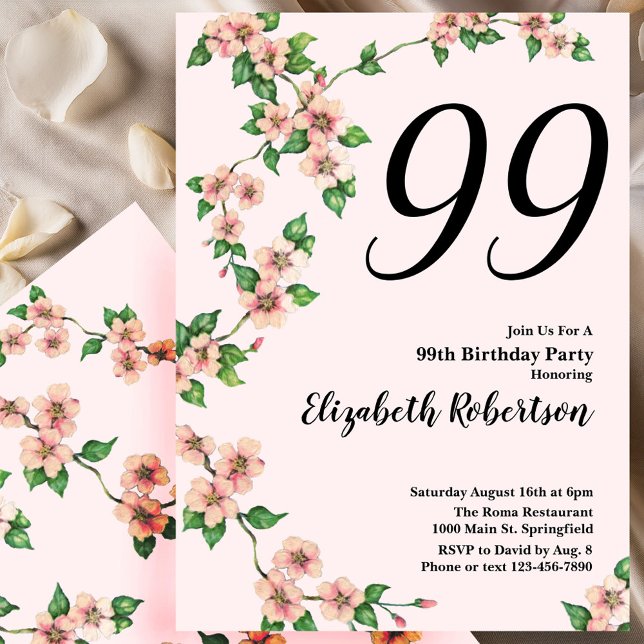 Invitation florale pour les 99 ans en rose tendre (Créateur téléchargé)