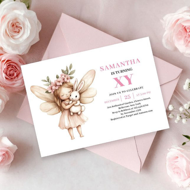 Invitation florale pour les 9 ans de la Fée Rose F (Whimsy Pink Fairy Girl 9th Birthday Floral invitation)