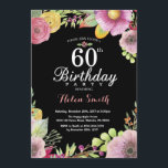 Invitation Florale pour les femmes au 60e annivers<br><div class="desc">Floral 60e anniversaire Invitation pour les femmes. Aquarelle florale,  rose,  noir arrière - plan en damier. 13e 16e 18e 21e 30e 40e 50e 60e 70e 80e 90e 100e. N'Importe Quel Âge.
Pour plus de personnalisation,  cliquez sur le bouton "Customiser" et utilisez notre outil de conception pour modifier ce modèle.</div>