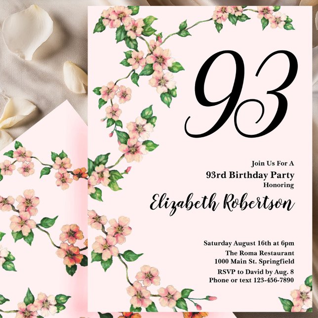 Invitation florale pour un 93e anniversaire en ros (Créateur téléchargé)