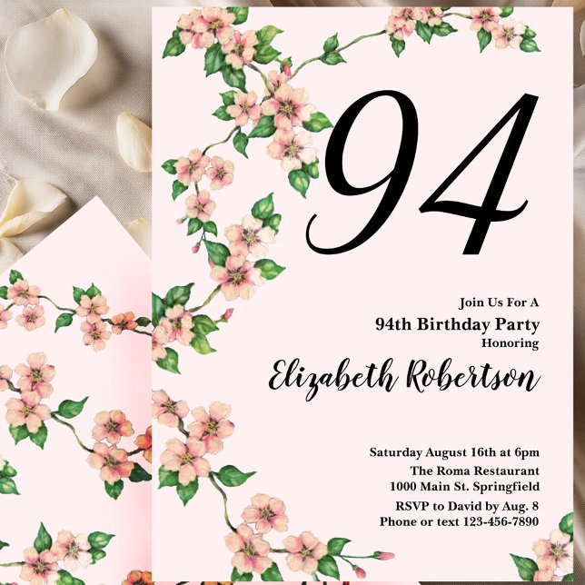Invitation florale pour un 94e anniversaire en ros (Créateur téléchargé)