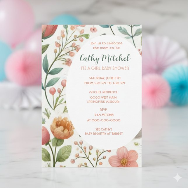 Invitation florale pour une baby shower pour fille (Créateur téléchargé)