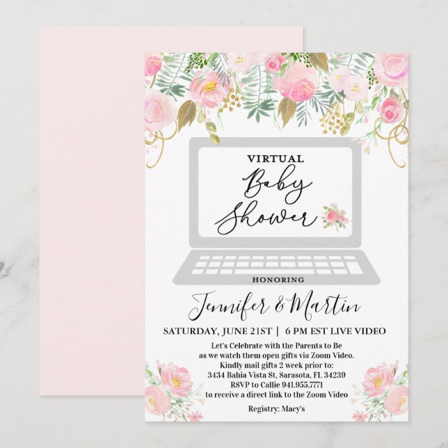 Invitation florale pour une baby shower virtuelle (Devant / Derrière)