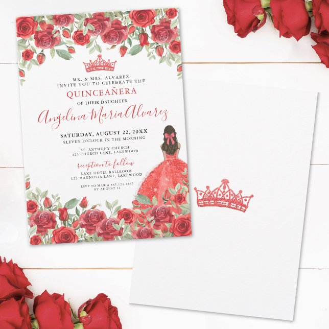 Invitation florale Quinceanera aux roses rouges (Elegant Red Floral Quinceanera Invitation)