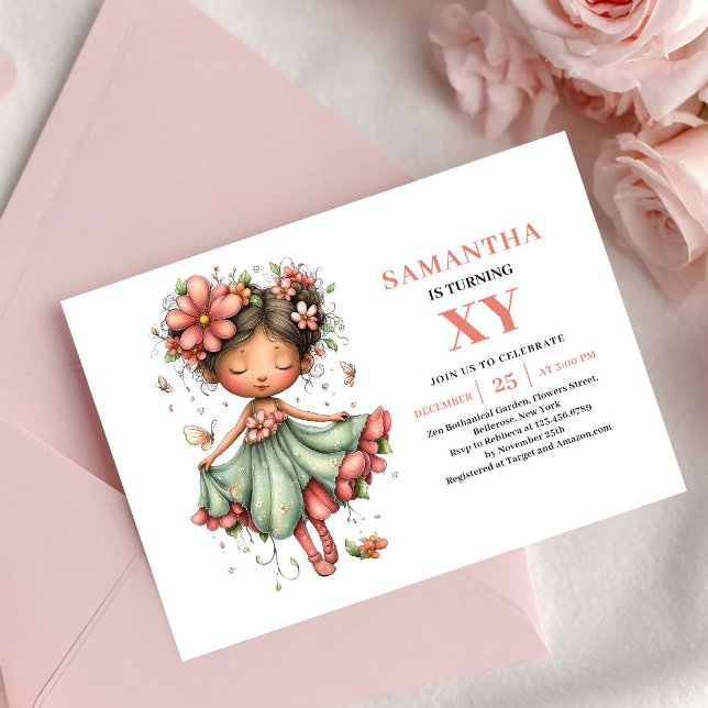 Invitation florale romantique pour l'anniversaire  (Romantic Fairy Girl Birthday Blush Floral invitation)