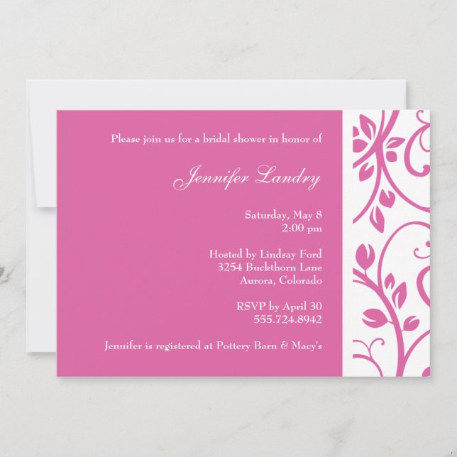 Invitation florale rose de Fête de la mariée de (Devant)