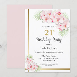Invitation Florale rose et or 21ème anniversaire