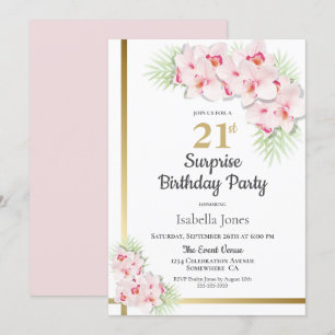 Invitation Florale rose et or Surprise 21ème anniversaire
