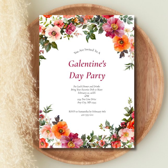 Invitation florale rose et rouge pour la Saint-Val (Galentine's Day Valentine's Day Pink Red Watercolor Floral Party invitation, Printed or Digitial)