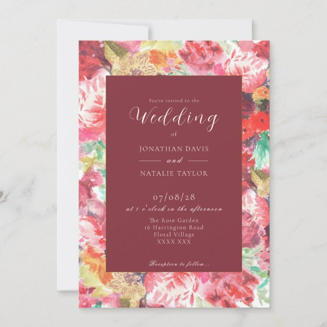 Invitation florale rose et rouge vibrante  (Devant)