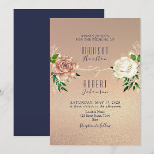 Invitation florale rose or et bleu marine