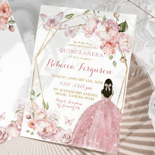 Invitation Florale rose or mexicaine Princesse Quinceañera