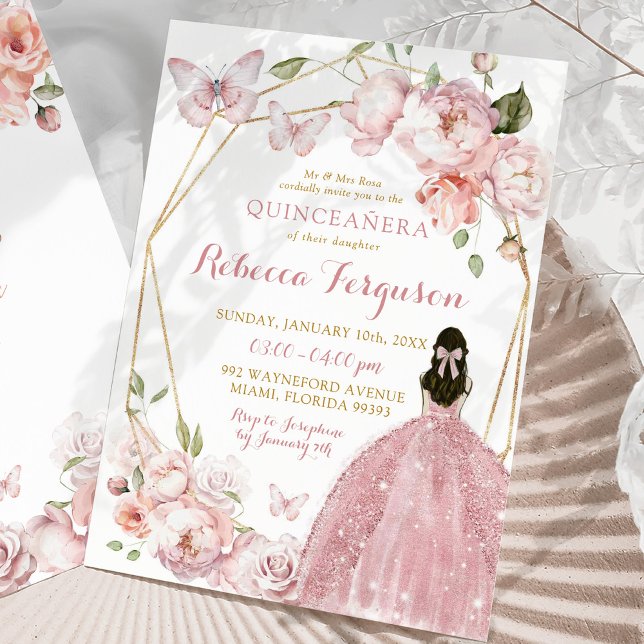 Invitation Florale rose or mexicaine Princesse Quinceañera (Créateur téléchargé)