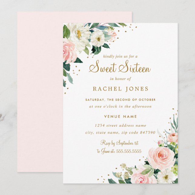 Invitation Florale Rose Pâle Doré pour un Sweet Si (Devant / Derrière)
