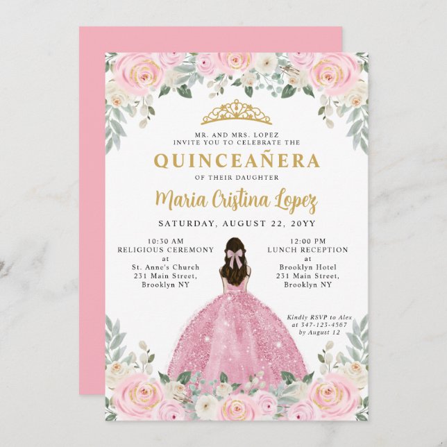 Invitation Florale rose pâle princesse Tiara Quinceañera (Devant / Derrière)