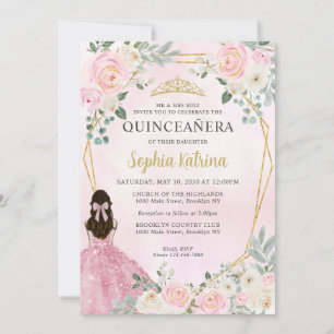 Invitation Florale rose pâle princesse Tiara Quinceañera