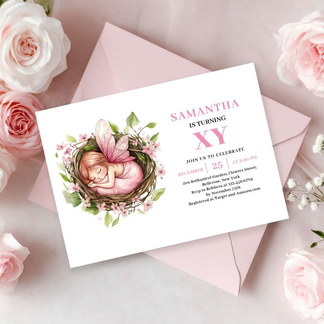 Invitation florale rose pour les 7 ans de la fée r (Pink Fairy Girl 7th Birthday Blush Floral invitation)