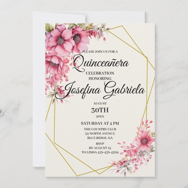Invitation florale rose pour Quinceañera (Devant)