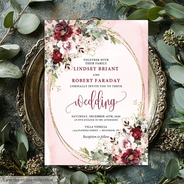 Invitation Florale Rustique Boho Bourgogne Blush O (Rustic Boho Burgundy Blush Gold Floral Invitation)