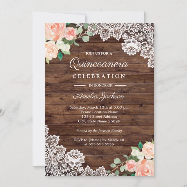 Invitation Florale Rustique en Bois et Dentelle po (Devant)