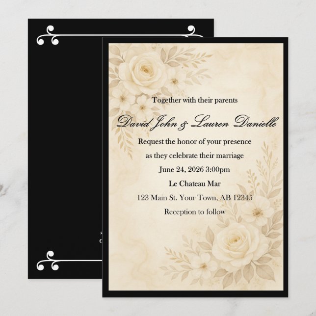 Invitation Florale Sépia Élégante (Devant / Derrière)