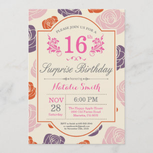 Invitation Florale surprise 16e anniversaire Rose