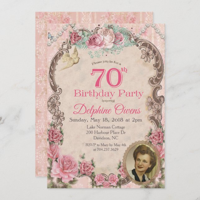 Invitation Florale vintage 70e anniversaire (Devant / Derrière)